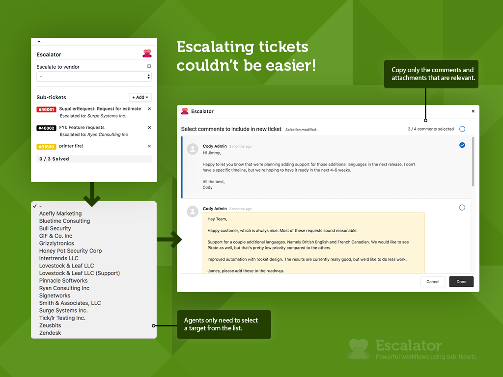Escalator feature detail — Product and Project Management app on the Zendesk Marketplace